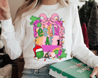 Festive AF Christmas light Sweatshirt, Womens Holiday Winter Sweat