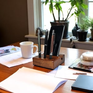 Wooden Desk Organizer Stand with Phone Holder, 3-Pen Slots, Office Desktop Card Display, Walnut Brown