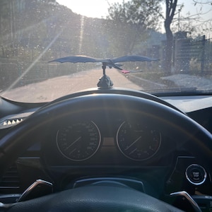 May include: A black dragon car ornament with outstretched wings, mounted on a dashboard. The dragon has a red accent on its tail. The car's steering wheel and dashboard gauges are visible in the foreground, with a road and trees in the background.