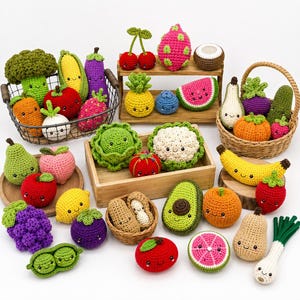 May include: A selection of colourful, crocheted fruits and vegetables, including a broccoli, tomato, and banana. The handmade items are arranged in baskets and wooden trays, showcasing a variety of textures and vibrant colours.