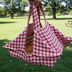 Può includere: Un cestino da picnic a scacchi rossi e bianchi con manici, tenuto contro uno sfondo erboso verde. Il cestino è aperto, rivelando uno scorcio di cibo all'interno. Il cestino è fatto di tessuto e ha un aspetto classico e vintage.