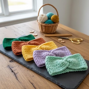 May include: A collection of six handmade crochet headbands in various colors: green, orange, yellow, purple, and light green. They are arranged on a black slate, with a basket of yarn and crafting tools in the background.