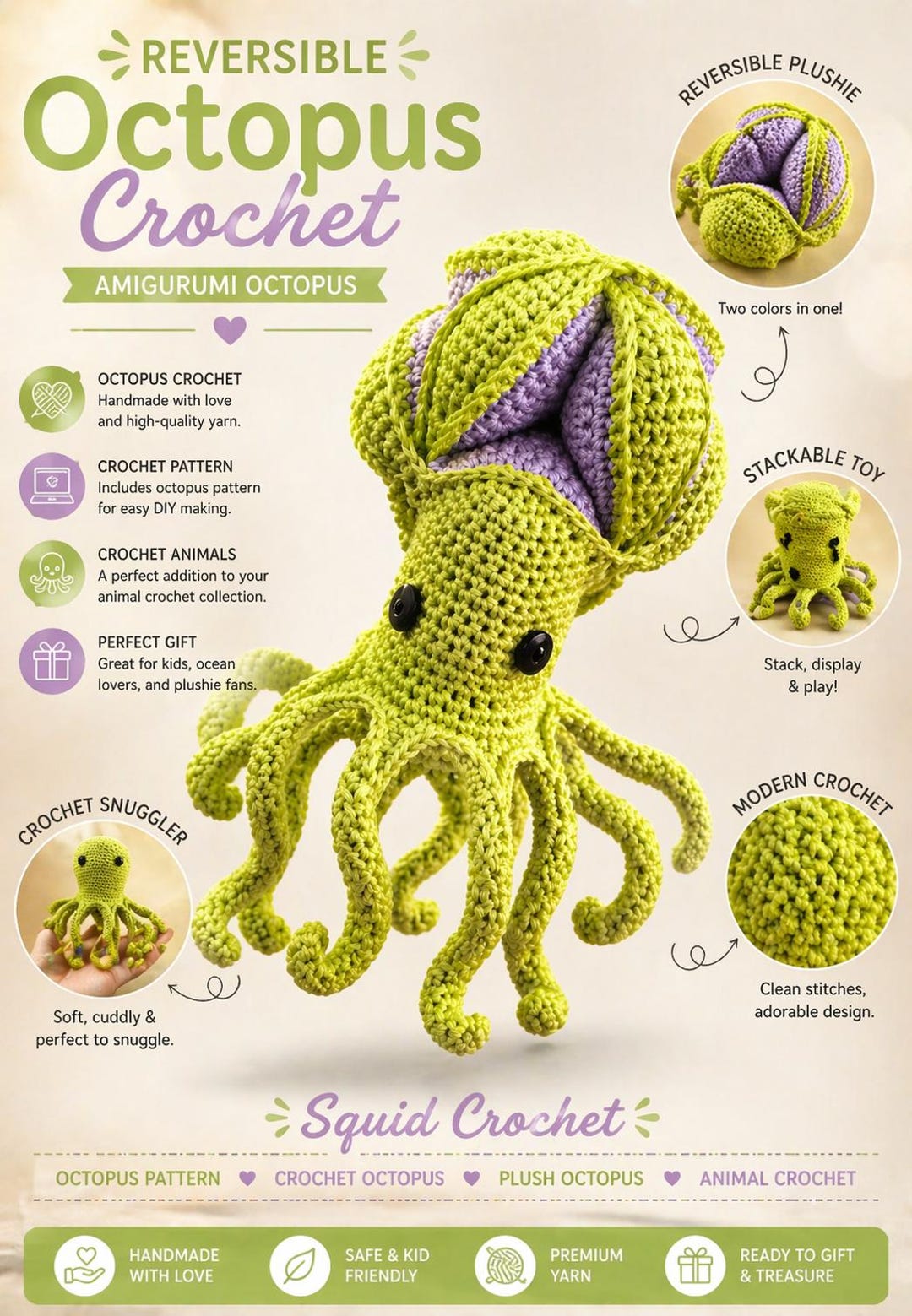 Octopus Stackable Markers Octopus Crochet Pattern PDF – Amigurumi Plush Octopus, Reversible ...