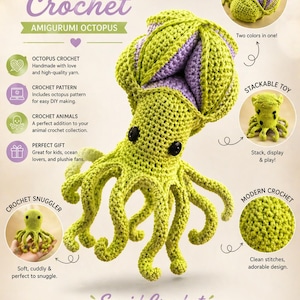May include: A reversible crochet octopus in lime green and purple. The amigurumi octopus has a large head and multiple tentacles. The image includes text that says "Reversible Octopus Crochet" and "Squid Crochet". It is a stackable toy and a crochet snuggle toy.