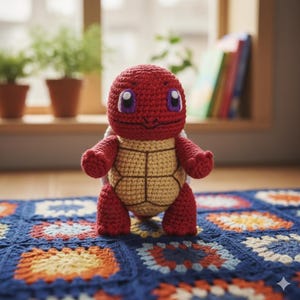 May include: A handmade crochet Squirtle plush toy. The toy is primarily red with a tan belly and a white shell. It has purple eyes and is standing on a blue, orange, and white patterned rug. The background includes a window and potted plants.