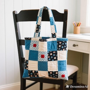 May include: A patchwork tote bag with a quilted design. The bag features a variety of blue, white, and black patterned squares, with red square accents. The handles are also patchwork. The bag is sitting on a black chair.