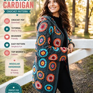 Oversized Granny Square Crochet Cardigan Pattern PDF, Boho Patchwork Duster Sweater Tutorial