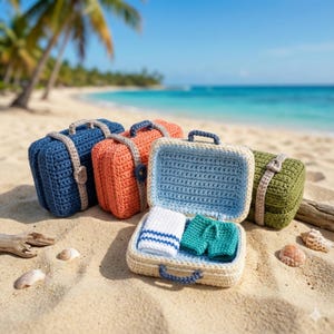 May include: Crocheted luggage set in blue, orange, and green, with a suitcase open to reveal a towel and shorts. The luggage is on a sandy beach with the ocean in the background. The luggage has tan straps and handles.