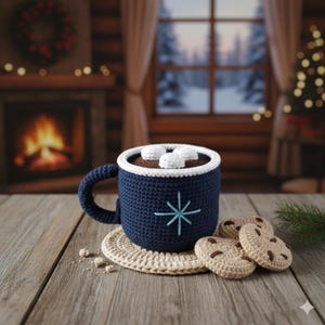 May include: A navy blue crocheted mug filled with brown liquid and topped with white marshmallows. The mug has a blue snowflake design and sits on a beige coaster, with crocheted cookies nearby. The scene evokes a cozy, winter theme.