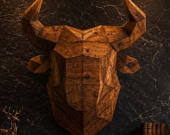 Geometric Metal Bull Head Wall Art, Faux Wood Finish Sculpture, Modern Farmhouse Decor