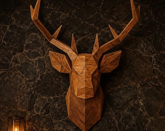 Geometric Metal Deer Head Wall Art, Faux Wood Finish Stag Sculpture, Modern Farmhouse Decor