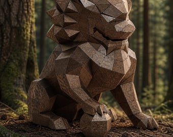 Low Poly Wood Cheetah Sculpture – Geometric Animal Statue, Modern Wood Carving