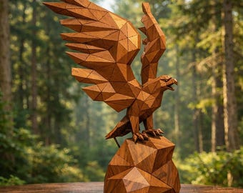 Geometric Wood Eagle Sculpture – Modern Wildlife Art, Hand-Carved Animal Decor