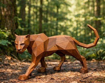 Geometric Wood Panther Sculpture – Low Poly Animal Art, Modern Wildlife Accent