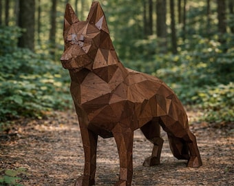 Geometric Shepherd Dog Sculpture – Low Poly Wood Art, Modern Office Decor