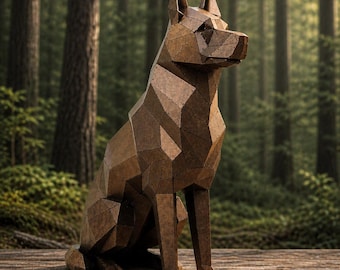 Geometric Shepherd Dog Sculpture – Low Poly Wood Art, Modern Office Decor