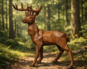 Geometric Wood Deer Sculpture – Polygonal Animal Statue, Modern Wildlife Decor