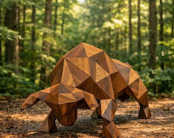 Geometric Wood Bull Sculpture – Low Poly Animal Statue, Modern Wildlife Art