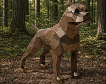 Low Poly Pitbull Sculpture – Geometric Wood Wildlife Decor