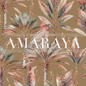 May include: Watercolor seamless pattern featuring palm trees, leaves, and a pink cockatoo on a brown background. The word "AMARAYA" is displayed in large white letters. The text "SEAMLESS PATTERNS | MOTIFS" is also visible.