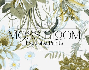 Padrão de superfície com motivos e padrões florais de musgo em flor (download digital)