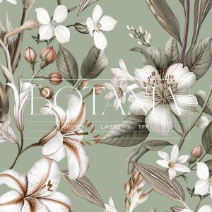 Könnte beinhalten: Botanische Illustration mit weißen Lilien und anderen Blumen, braunen und grünen Blättern auf hellgrünem Hintergrund. Das Wort "BOTANA" wird in weißem Text zusammen mit "300 DPI", "LAYERS" und "TIFF" angezeigt.