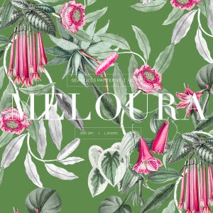 Könnte beinhalten: Ein nahtloses Musterdesign mit botanischen Illustrationen von rosa Fuchsienblüten, grünen Blättern und Sukkulenten auf olivgrünem Hintergrund. Der Text MELOURA ist in Weiß zentriert, mit SEAMLESS PATTERNS und 300 DPI LAYERS Text.