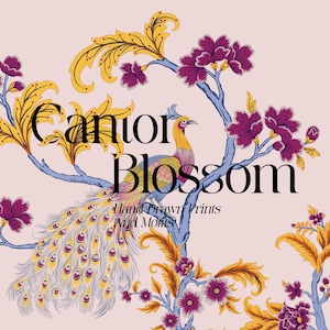 Könnte beinhalten: Dekorative Illustration mit einem Pfau auf einem Ast mit lila Blüten und gelbem Laub. Der Text "Cantor Blossom" ist in großen schwarzen Buchstaben dargestellt, darunter die Worte "Hand Drawn Prints and Motifs".