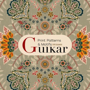May include: A digitally created pattern with a repeating floral design in shades of green, yellow, red, and blue. The text "Print Patterns & Motifs Tiff (Layers) Guikar" is overlaid on the design in a cream-colored oval.