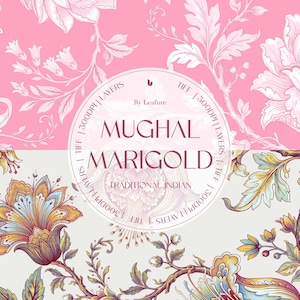 May include: A digital graphic design featuring a split background of pink floral patterns and a light gray base with colorful botanical illustrations. The central circular text reads By Leafure, MUGHAL MARIGOLD, TRADITIONAL INDIAN, TIFF, 300DPI, LAYERS.
