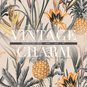 May include: A vintage-style seamless pattern featuring tropical plants and fruits. The design includes pineapples, orange and black tulips, and various green and gray leaves against a beige background. The text "VINTAGE CHARM" is overlaid on the image.