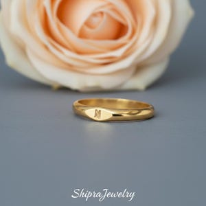 Peut inclure: Une bague chevalière en or avec la lettre "N" gravée sur une face rectangulaire. La bague est posée sur un fond gris clair avec une rose floue de couleur pêche en arrière-plan. Les mots "Shipra Jewelry" sont en bas.