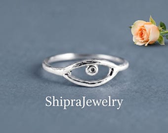 Ring mit bösem Blick, minimalistischer Augenschutzring, Augenring aus Sterlingsilber, spiritueller Schmuck, Boho-Talismanring, einzigartiges Geschenk für Mama.
