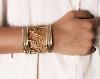 Geometric Brass Cuff Bracelet: Handmade Boho Tribal Bangle
