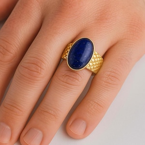 Lapis Lazuli Oval Ring, Gold Plated Blue Gemstone Ring, Statement Men’s Ring, Vintage Boho Jewelry, Halloween Gift, Handmade jewellery.