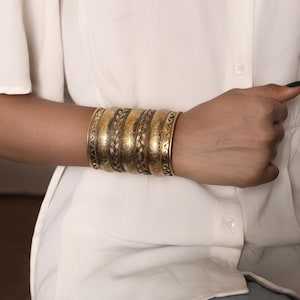 Boho Brass Cuff Bracelet: Engraved Tribal Bangle, Adjustable Arm Cuff
