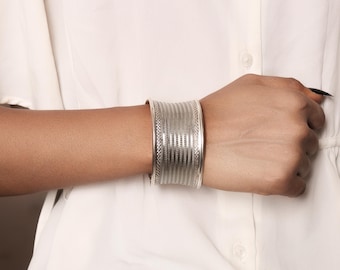 Vintage Silver Cuff Bangle, Wide Tribal Bracelet, Boho Statement Cuff, Textured Adjustable Wrist Cuff, Ethnic Handmade Jewelry, Wedding gift