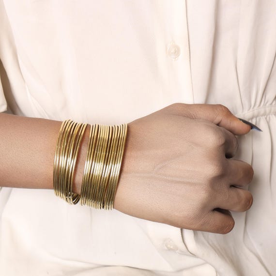 Handmade Brass Wire Cuff Bracelet, Boho Adjustable Wide Bangle