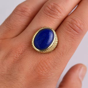 Lapis Lazuli Statement Ring, Bold Gold Plated Ring, Blue Gemstone Ring for Men, Handmade Vintage Style Jewelry, Halloween Gifts .