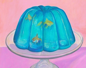 Goldfish swimming in blue jello. Print from my original painting.