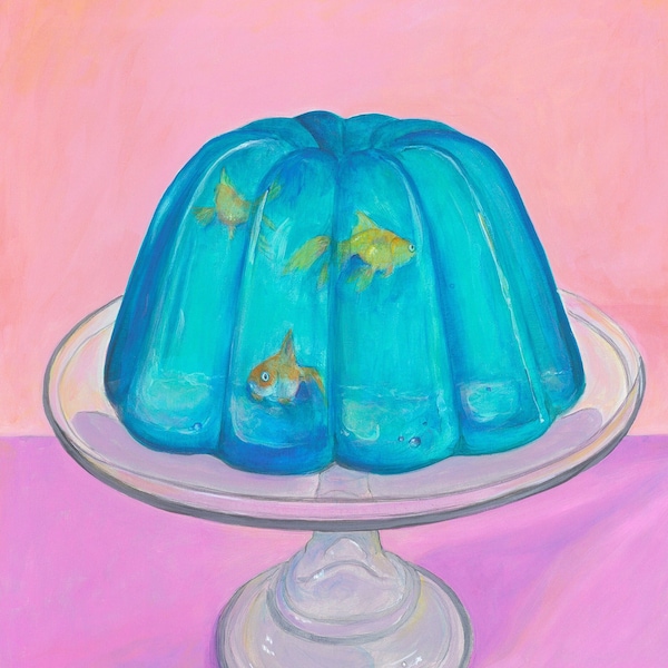 Goldfish swimming in blue jello. Print from my original painting.