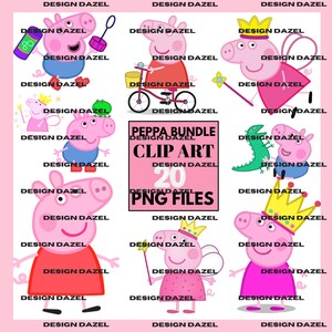 May include: A set of 20 PNG clip art files featuring Peppa Pig. The images show Peppa Pig in different outfits and activities, such as riding a bike, wearing a crown, and holding a wand. The text "Peppa Bundle Clip Art" is also visible.