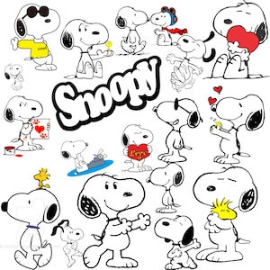 Może przedstawiać: Kolekcja ilustracji Snoopy'ego w czerni i bieli, z różnymi pozami i wyrazami twarzy. Niektóre postacie Snoopy'ego noszą okulary przeciwsłoneczne, trzymają serca lub wchodzą w interakcje z Woodstockiem. Słowo "Snoopy" jest napisane pogrubioną czcionką.
