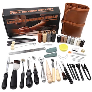 Leather Working Tools Kit with Beveler, Groover, Stitching Punch & Sewing Thread for DIY Leathercraft