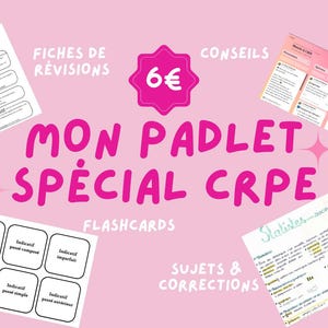 Puede incluir: Fondo rosa con materiales de estudio. Incluye tarjetas didácticas, notas y hojas de revisión. El texto "MON PADLET SPÉCIAL CRPE" es rosa. El precio es de 6€.