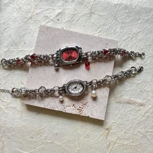 Handmade silver wrist watch for woman,elegant pearl watch,beaded chain red watch bracelet,wedding watch jewelry gift idea,Y2K watch bracelet