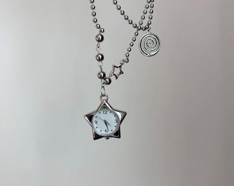 Punk Dubbelskiktad Stjärnklocka Hänge Halsband, Silverpärlkedja Spiralberlock Stapelbar Nyckelbenskedja, Y2K Urtavla Unisex Gatusmycken i Lager
