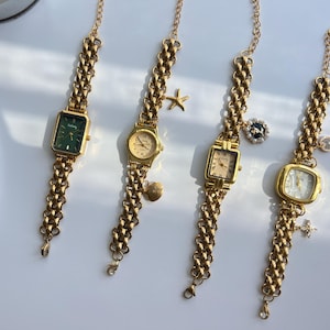 Gold Star Charm Women’s Watch Bracelet,Y2K Style Gold Wrist Watch,Minimalist Charm Jewelry,Handmade Custom Watch Gift,Green Dial Gold Watch