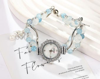 Natural Crystal Beaded Wrist Watch for Women, Blue & Purple Gemstone Bracelet Watch, Elegant Zircon Watch Jewelry,Christmas Gift for Woman