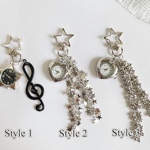 Vintage Silver Heart Watch Keychain, Silver Star Tassel Pendant,Y2K Clock Bag Accessory,Retro Star Watch Keychain,Unique Watch Gift for Her